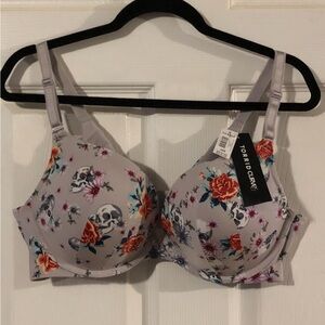 Torrid Push-Up Plunge 360° Back Smoothing Bra, 40D, grey floral skull